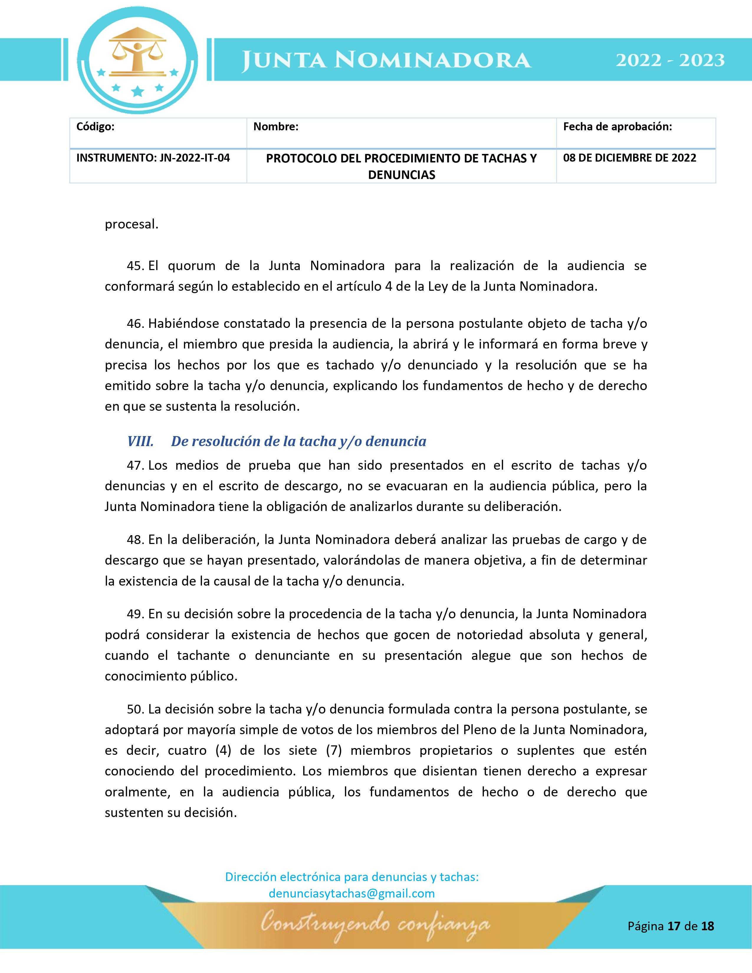 Protocolo para la etapa de tachas y denuncias